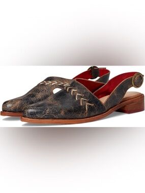 BedStu “Join” Distressed Black Leather Slingback Flats with Red Lining